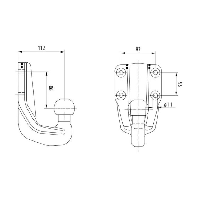 4-gaats flenskogel extra laag (-100mm) 83 x 56 mm zwart